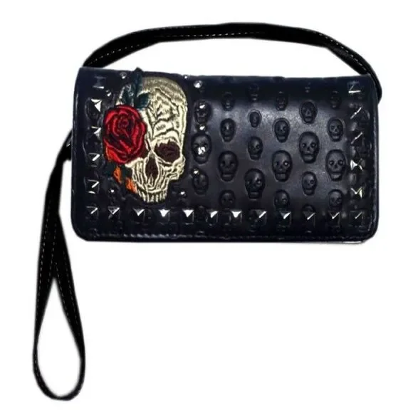 Women's Rhinestone Black Western Skull Embroidery Hipster Wallet - Picture 2 of 3